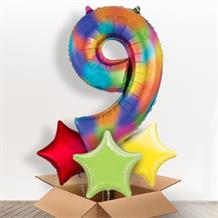 Rainbow Coloured Splash Giant Number 9 Balloon in a Box Gift