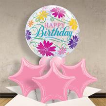Happy Birthday Flowers and Filigree 22" Bubble Balloon in a Box