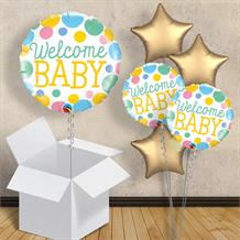 Welcome Baby Blue and Gold Dots 18" Balloon in a Box