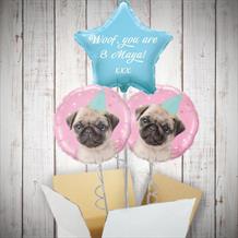 Personalisable Inflated Party Pug 3 Balloon Bouquet in a Box Gift