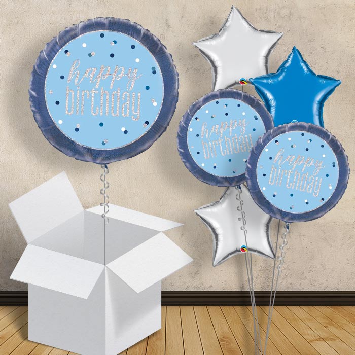 Blue and Silver Holographic Happy Birthday 18&#34; Balloon in a Box
