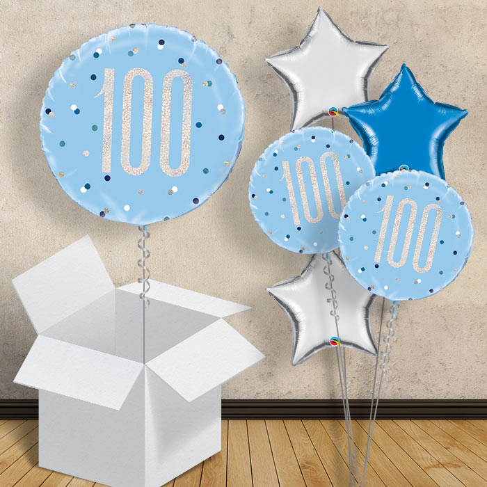 Blue and Silver Holographic 100th Birthday 18" Balloon in a Box