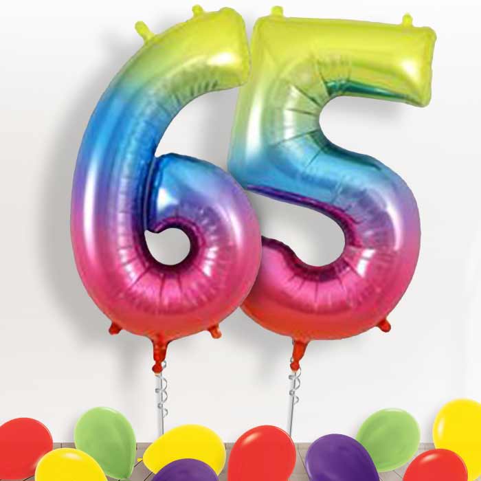 Rainbow Coloured Giant Numbers 65th Birthday Balloon in a Box Gift
