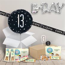 13th Birthday in a Box Package with Fudge & Decorations (Black & Gold)