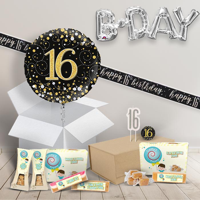 16th Birthday in a Box Package with Fudge & Decorations (Black & Gold)