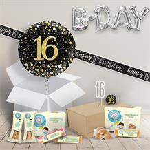 16th Birthday in a Box Package includes Fudge, Black and Gold Balloon and Decorations