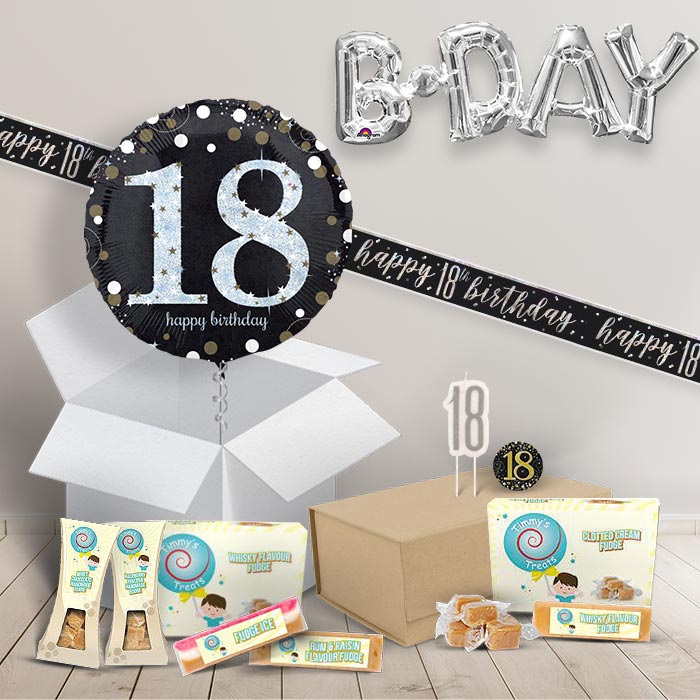18th Birthday in a Box Package with Fudge & Decorations (Black & Gold)