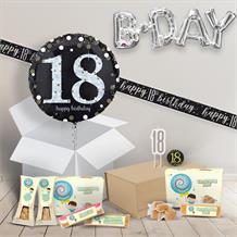 18th Birthday in a Box Package includes Fudge, Black and Gold Balloon and Decorations