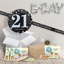 21st Birthday in a Box Package includes Fudge, Black and Gold Balloon and Decorations