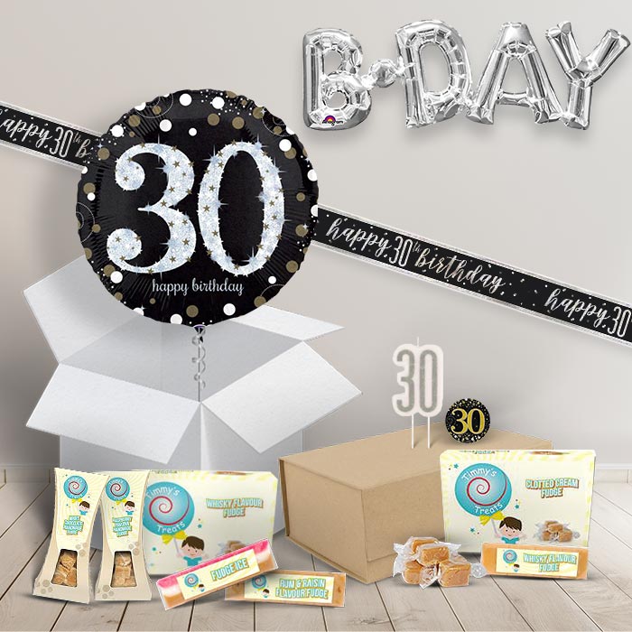 30th Birthday in a Box Package includes Fudge, Black and Gold Balloon and Decorations