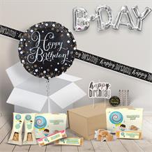 Happy Birthday in a Box Package with Fudge & Decorations (Black & Gold)
