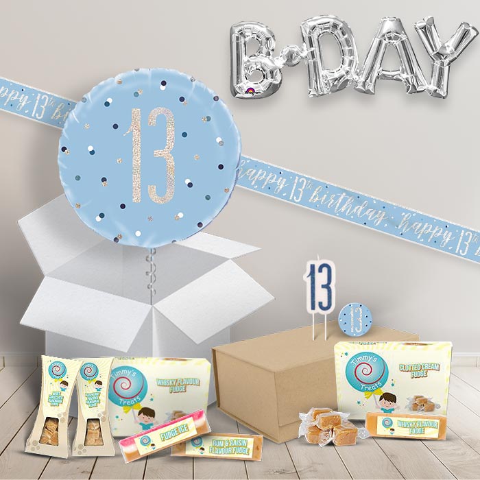 13th Birthday in a Box Package with Fudge & Decorations (Blue)