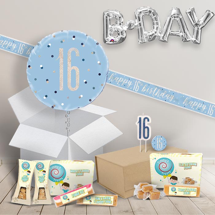 16th Birthday in a Box Package includes Fudge, Blue Balloon and Decorations