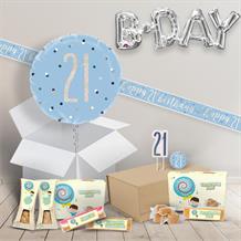 21st Birthday in a Box Package includes Fudge, Blue Balloon and Decorations