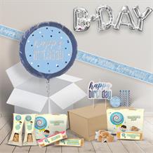 Happy Birthday in a Box Package includes Fudge, Blue Balloon and Decorations