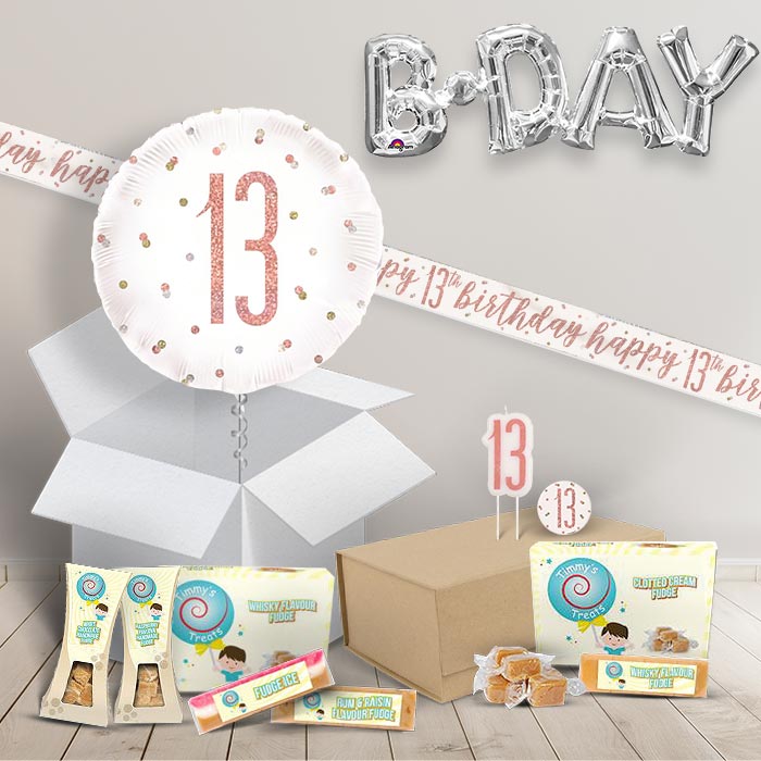 13th Birthday in a Box Package with Fudge & Decorations (Rose Gold)