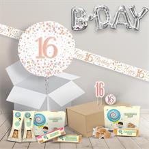 16th Birthday in a Box Package includes Fudge, Rose Gold Balloon and Decorations
