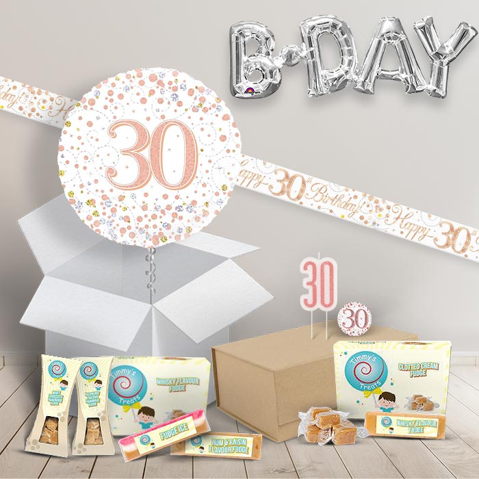 30th Birthday in a Box Package includes Fudge, Rose Gold Balloon and Decorations