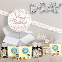 Happy Birthday in a Box Package includes Fudge, Rose Gold Balloon and Decorations