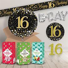 16th Birthday in a Box Package with Sweets & Decorations (Black & Gold)