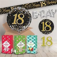 18th Birthday in a Box Package includes Sweets, Black and Gold Balloon and Decorations