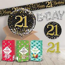 21st Birthday in a Box Package includes Sweets, Black and Gold Balloon and Decorations