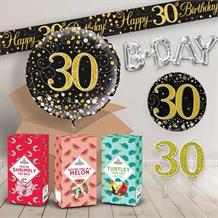 30th Birthday in a Box Package includes Sweets, Black and Gold Balloon and Decorations
