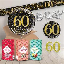 60th Birthday in a Box Package includes Sweets, Black and Gold Balloon and Decorations