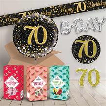 70th Birthday in a Box Package includes Sweets, Black and Gold Balloon and Decorations