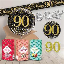 90th Birthday in a Box Package includes Sweets, Black and Gold Balloon and Decorations