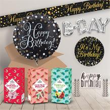 Happy Birthday in a Box Package includes Sweets, Black and Gold Balloon and Decorations