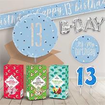 13th Birthday in a Box Package includes Sweets, Blue Balloon and Decorations