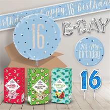 16th Birthday in a Box Package includes Sweets, Blue Balloon and Decorations