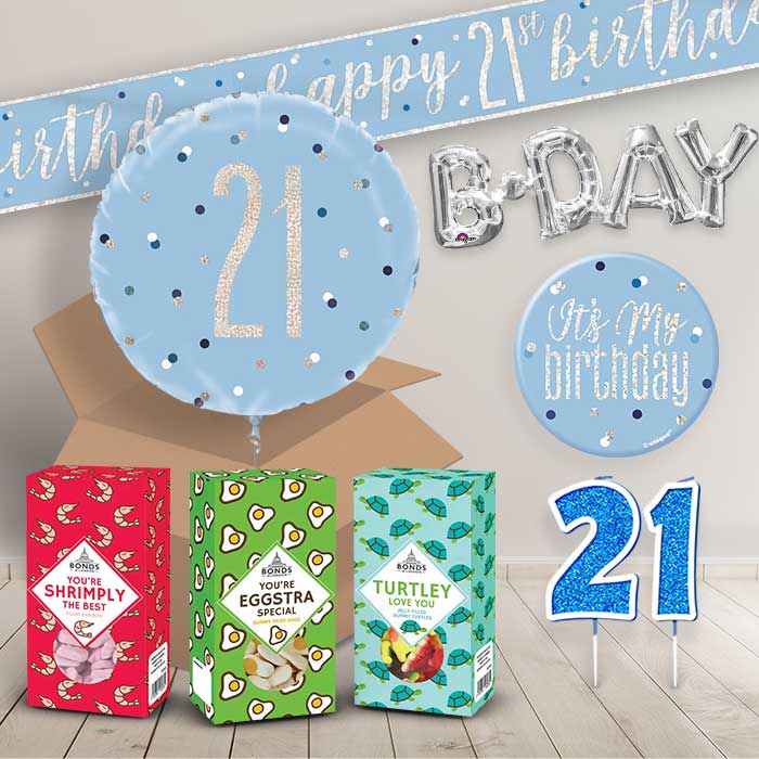 21st Birthday in a Box Package with Sweets & Decorations (Blue)