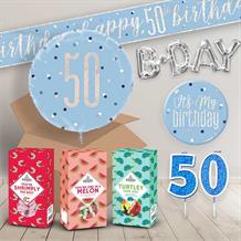 50th Birthday in a Box Package includes Sweets, Blue Balloon and Decorations