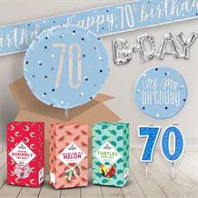 70th Birthday in a Box Package includes Sweets, Blue Balloon and Decorations