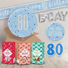 80th Birthday in a Box Package includes Sweets, Blue Balloon and Decorations
