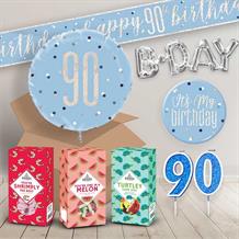 90th Birthday in a Box Package includes Sweets, Blue Balloon and Decorations