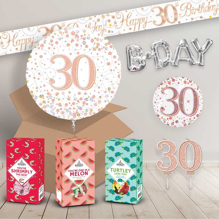 30th Birthday in a Box Package with Sweets & Decorations (Rose Gold)