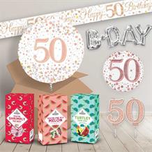 50th Birthday in a Box Package includes Sweets, Rose Gold Balloon and Decorations