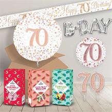 70th Birthday in a Box Package includes Sweets, Rose Gold Balloon and Decorations