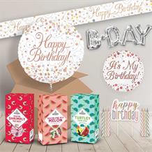 Happy Birthday in a Box Package includes Sweets, Rose Gold Balloon and Decorations
