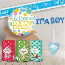 Welcome New Baby Boy Gifts Sweets, Balloon in a Box & Decorations