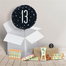 13th Birthday Fudge Box and Inflated Helium Balloon Gift Package in Black and Gold