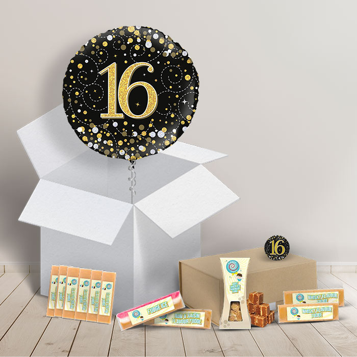 16th Birthday Fudge Box and Inflated Helium Balloon Gift Package in Black and Gold