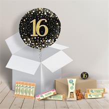 16th Birthday Fudge Box and Inflated Helium Balloon Gift Package in Black and Gold