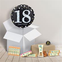 18th Birthday Fudge Box and Inflated Helium Balloon Gift Package in Black and Gold