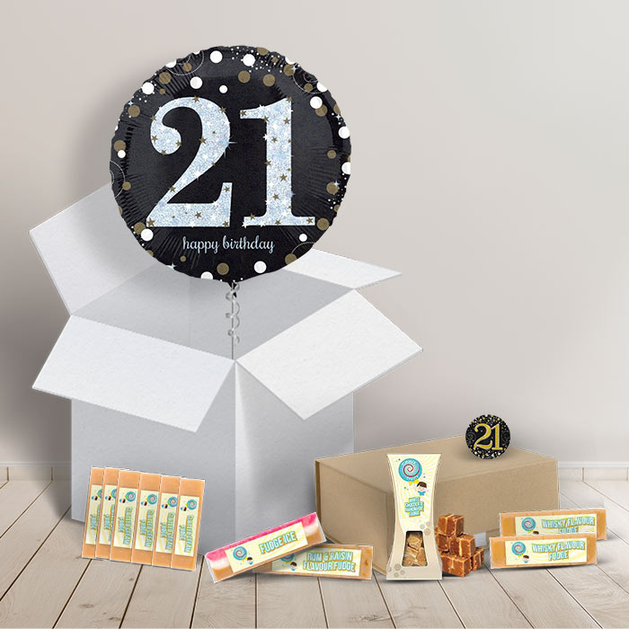 21st Birthday Fudge Box and Inflated Helium Balloon Gift Package in Black and Gold
