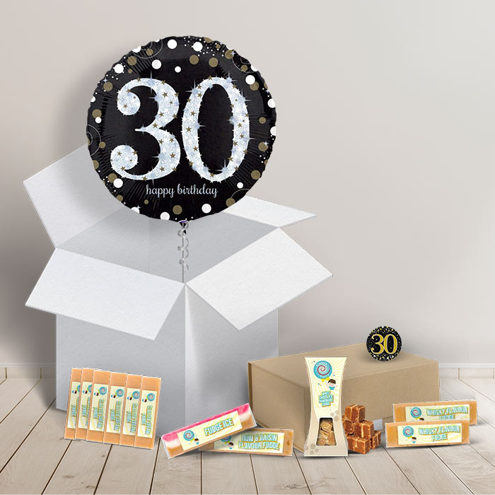30th Birthday Gift Fudge & Balloon in a Box (Black & Gold) | Party Save Smile