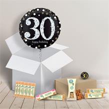 30th Birthday Fudge Box and Inflated Helium Balloon Gift Package in Black and Gold